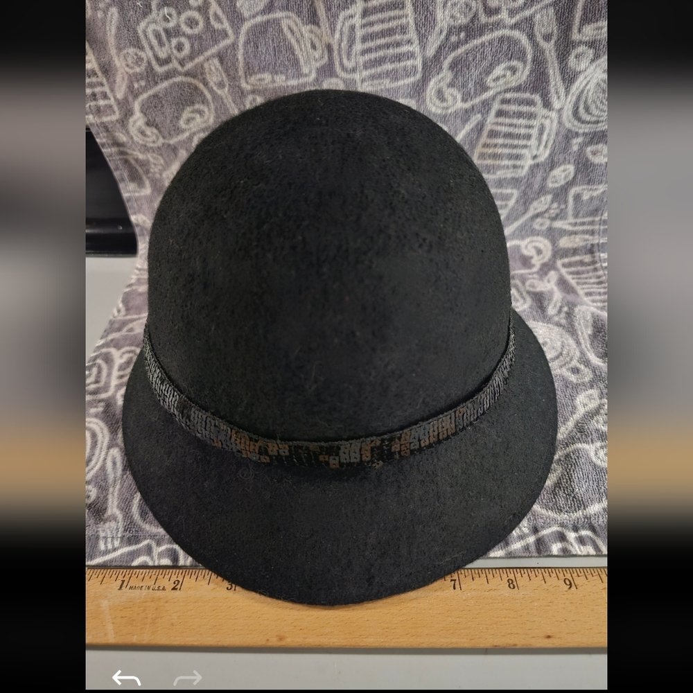 Wool Black Felt Cloche Bonnet Hat Women's Sequins Band One Size